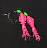 HiLo 30 lb Fishing Rig 2 Hooks Bait 4" Pink GLOW B2 Squid Teasers Fluke SeaBass6