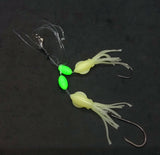 HiLo 30 lb Fishing Rig 2 Hooks Bait 2.5" GLOW B2 Squid Teasers Fluke Sea Bass2
