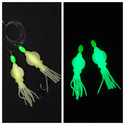 HiLo 30 lb Fishing Rig 2 Hooks Bait 4" GLOW B2 Squid Teasers Fluke Sea Bass