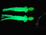 Hi-Lo 30 lb Fishing Rig 2 Hooks Bait 3"Green GLOW B2 Squid Teasers Fluke Sea Bass