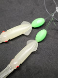 Hi-Lo 30 lb Fishing Rig 2 Hooks Bait 3" Clear GLOW B2 Squid Teasers Fluke Sea Bass