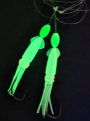 Hi-Lo 30 lb Fishing Rig 2 Hooks Bait 3"Green GLOW B2 Squid Teasers Fluke Sea Bass