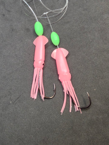 Hi-Lo 30 lb Fishing Rig 2 Hooks Bait 3" PINK GLOW B2 Squid Teasers Fluke Sea Bass