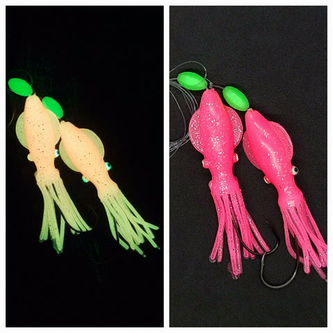 Hi-Lo 30 lb Fishing Rig 2 Hooks Bait 4" Pink GLOW B2 Squid Teasers Fluke SeaBass