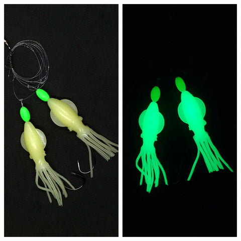 Copy of Hi-Lo 30 lb Fishing Rig 2 Hooks Bait 4" GLOW B2 Squid Teasers Fluke Sea Bass