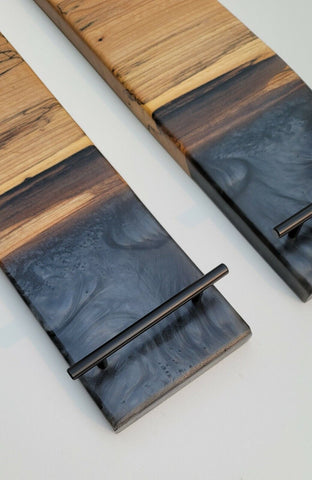 Epoxy Charcuterie Board Metallic Black Grey Pour With Live Edge W Handles Wood