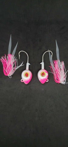 2 Big Eye Fishing Jig Flat Eye Pink Shine 2Free Skirts Bucktail Teaser MUSTAD